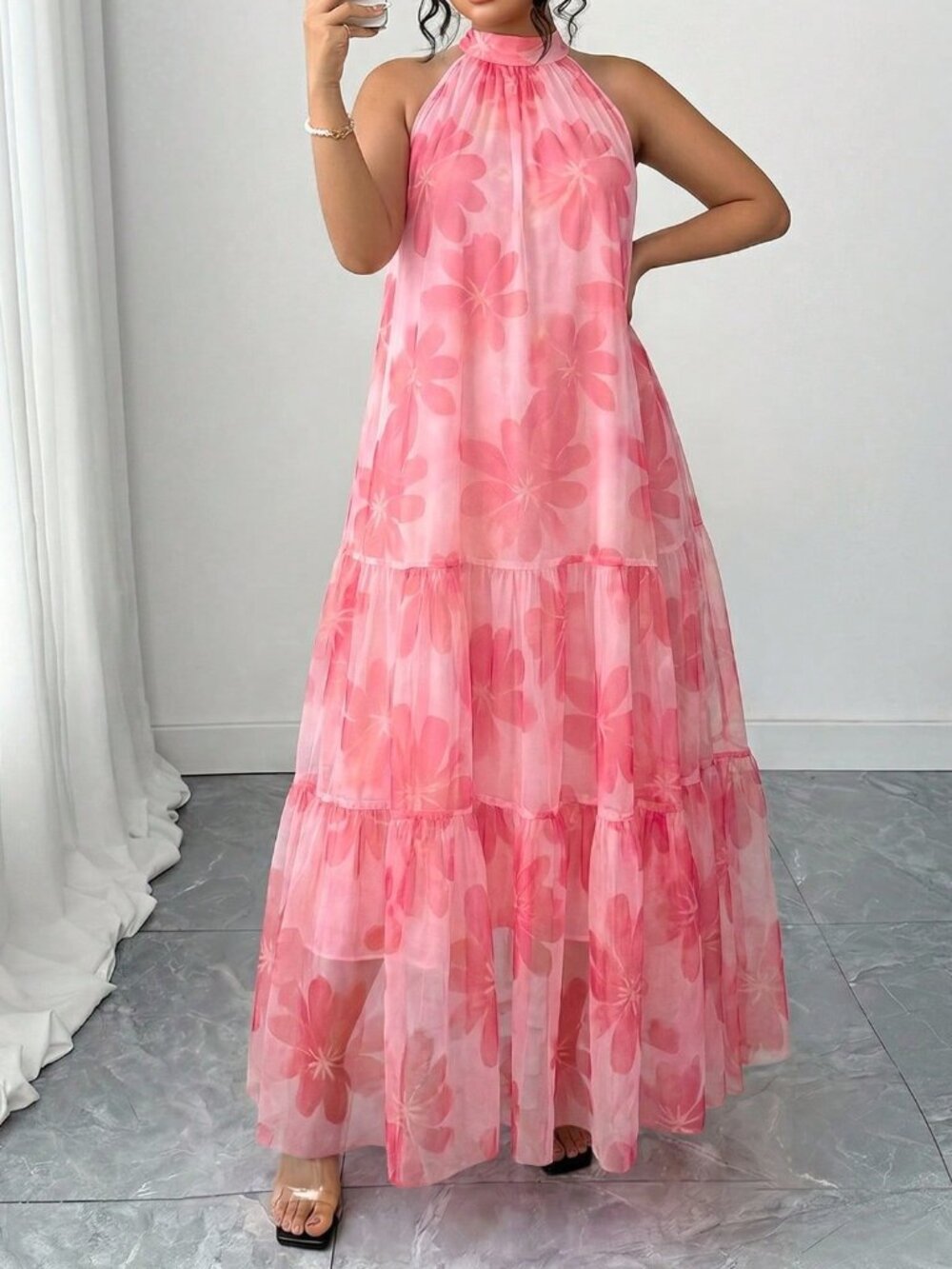 Pink Casual Women's Plus Size Elegant Woven Sleeveless Floral Dress - Picture 1 of 4